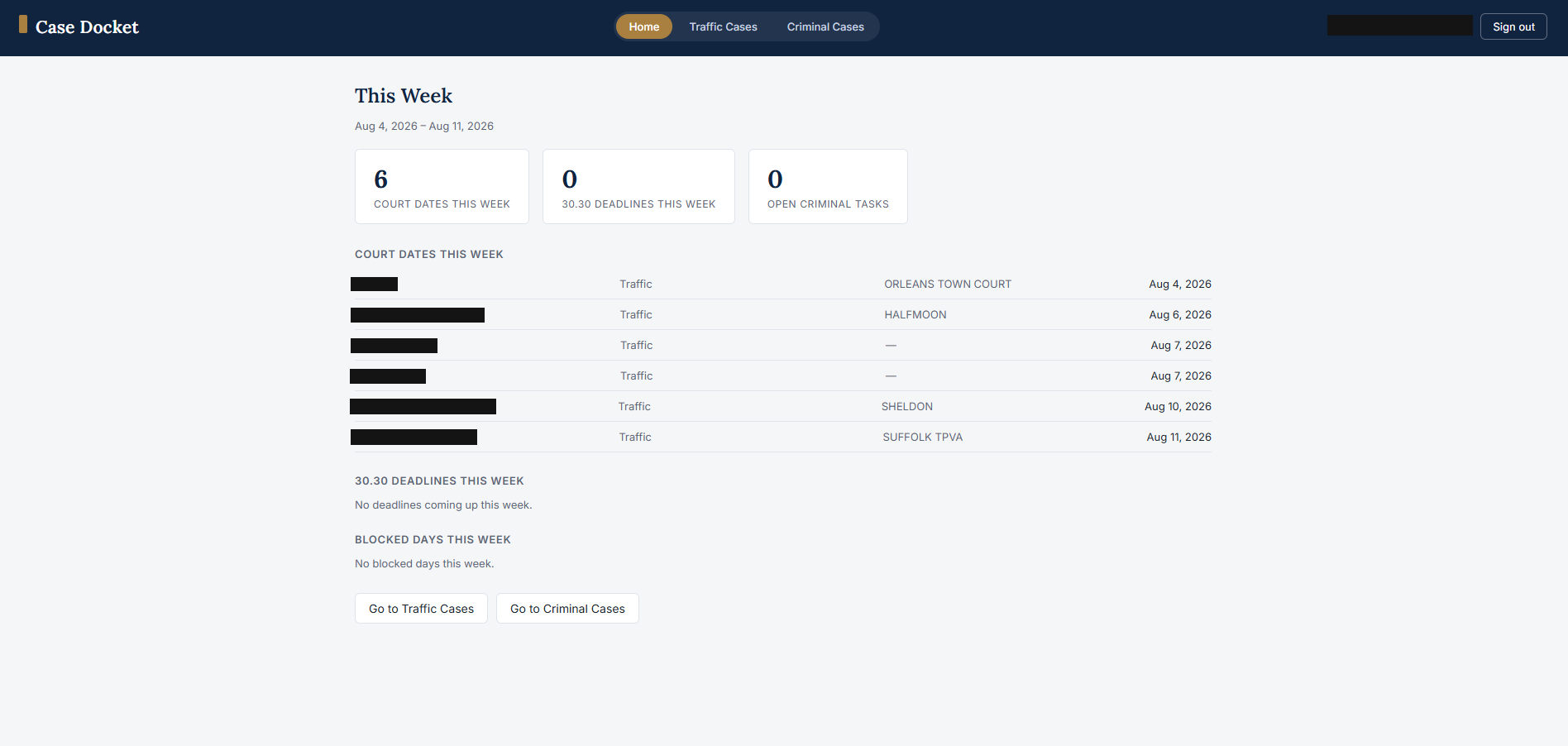 Case Docket dashboard showing this week's court dates and deadlines