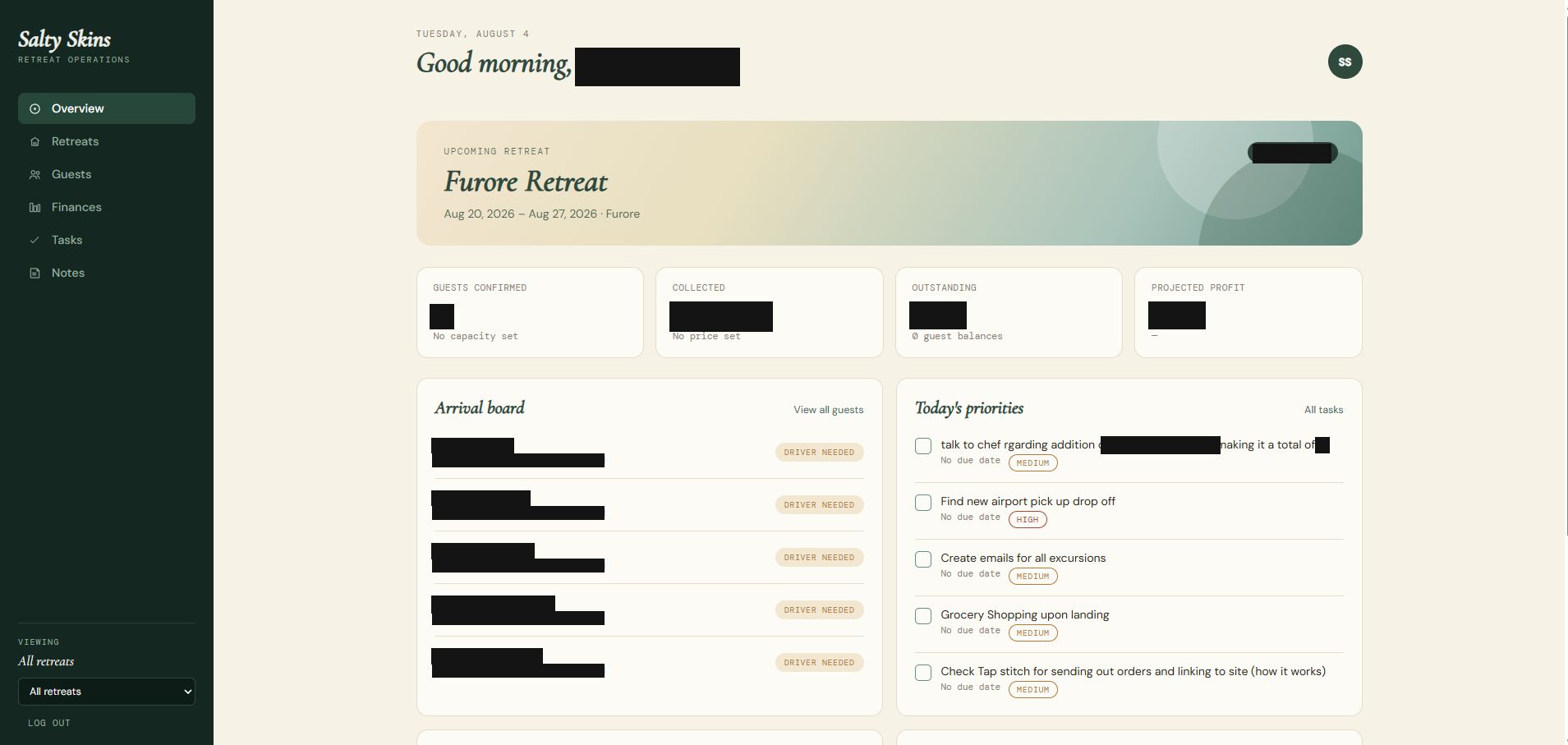 Salty Skins retreat operations dashboard showing arrivals, collected revenue, and tasks